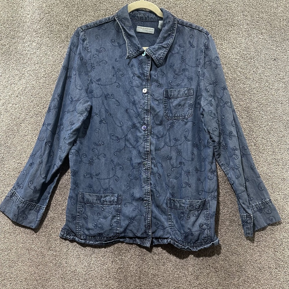 Valerie Stevens Casual Button Up Shirt Womens Petite Large Blue Floral‎ Lyocell